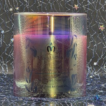 Bougie verre irise cerise noire explosive face