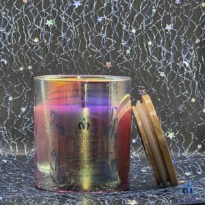 Bougie verre irise cerise noire explosive face couvercle